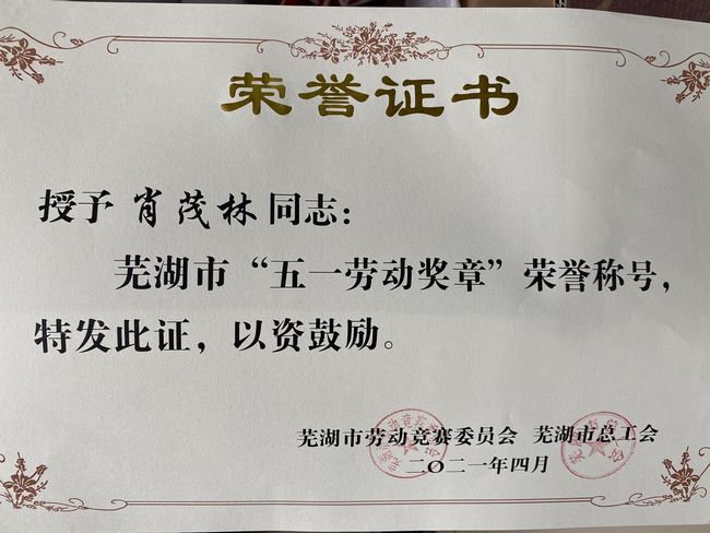 新時(shí)代是奮斗者的時(shí)代 ——我院消化1科主任肖茂林被授予蕪湖市“五一勞動(dòng)獎(jiǎng)?wù)隆?圖2)