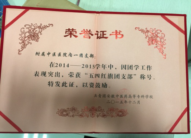 院內(nèi)科一團(tuán)支部榮獲“校2014-2015學(xué)年五四紅旗團(tuán)支部“榮譽稱號(圖2)